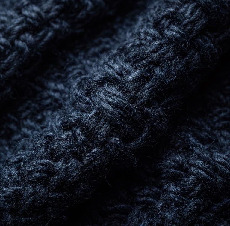Macro close-up of a deep navy-blue heavy cotton weave, showing high-density zero-tension yarn under high-contrast directional studio lighting, rich shadows