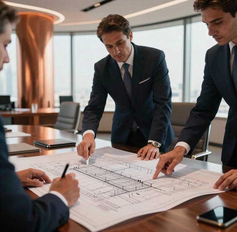Close-up of corporate professionals analyzing structural blueprints in a high-altitude Dubai boardroom, warm copper interior lighting, sharp focus, 35mm.