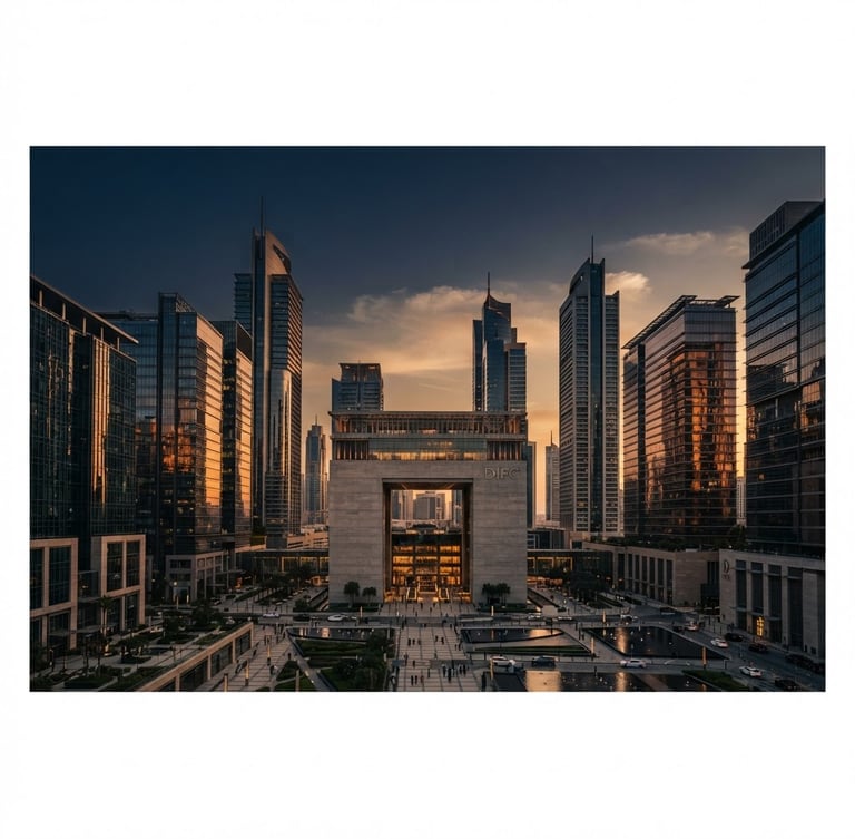 Wide architectural shot of the Dubai International Financial Centre at sunset, clean geometric lines of modern glass skyscrapers, warm copper light reflecting off facades, 35mm corporate editorial style