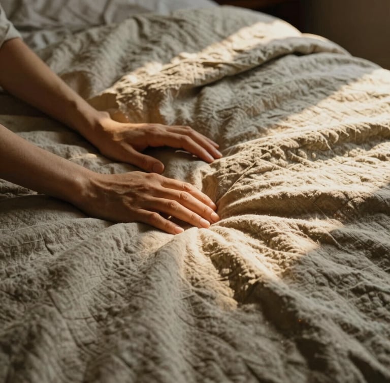 Close-up of hands touching a rumpled, heavy-weave linen quilt on an unmade bed, warm golden-hour light, rich tactile textures, 35mm