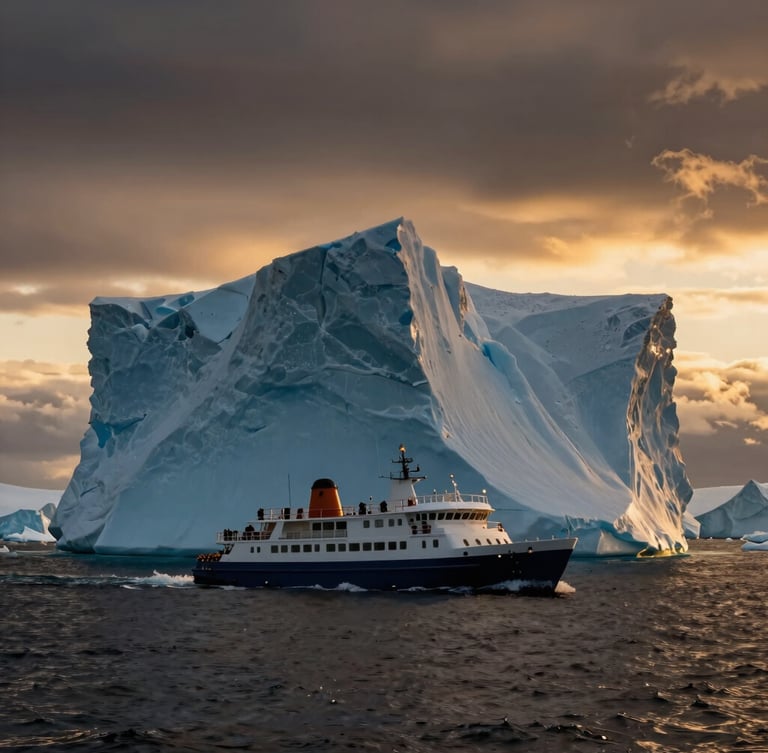 A luxury expedition vessel navigating through towering blue icebergs in Antarctica, dramatic low-key twilight lighting, deep shadows, cinematic scale.