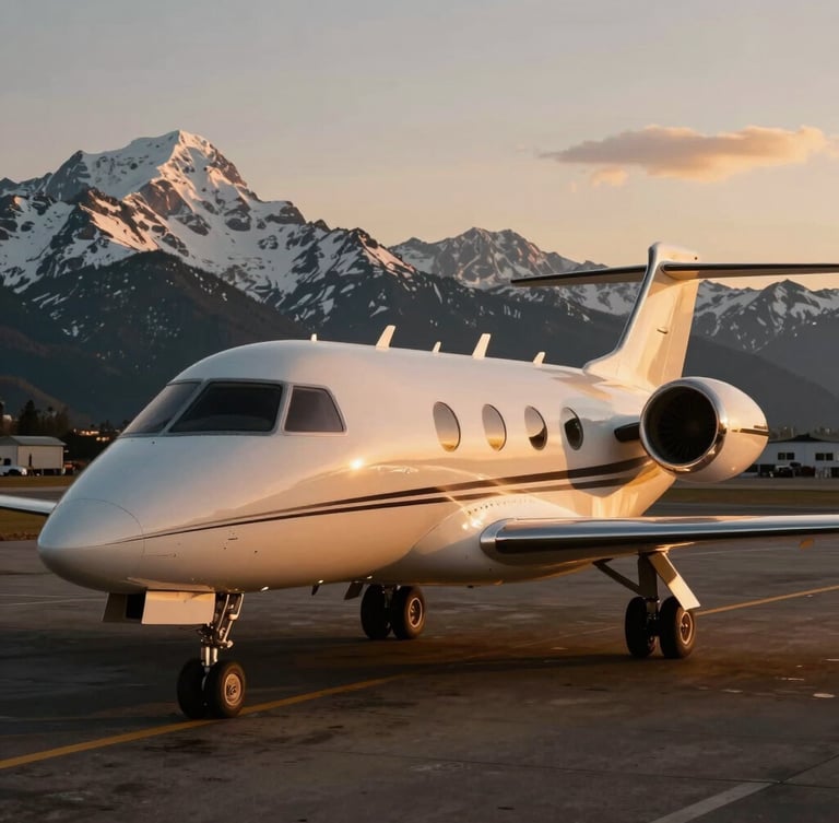 Sleek private jet banking over snow-capped mountain peaks during golden hour, cinematic lighting, 35mm photography.