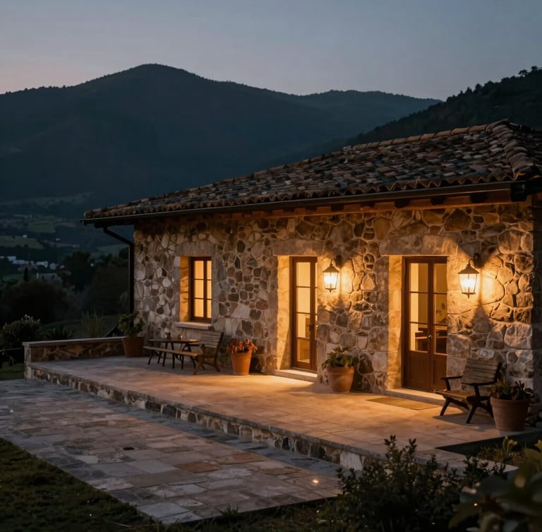 A remote stone villa at dusk, warm interior lighting casting a soft glow onto an empty terrace, vast dark mountains in the background, cinematic 35mm.