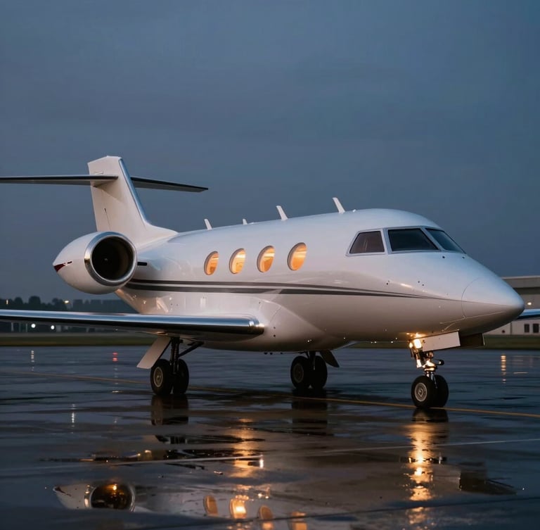 Sleek private jet parked on a wet tarmac at twilight, warm interior cabin glow reflecting on the ground, cinematic anamorphic framing, 35mm