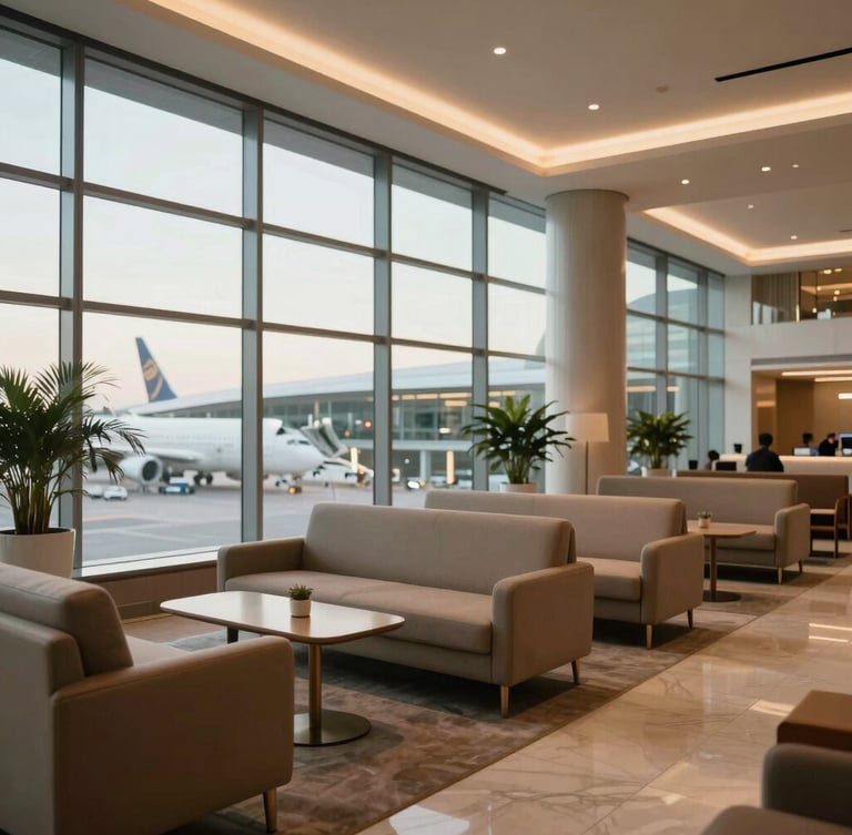 Architectural clean shot of a luxury airport terminal lounge with large windows and warm ambient lighting