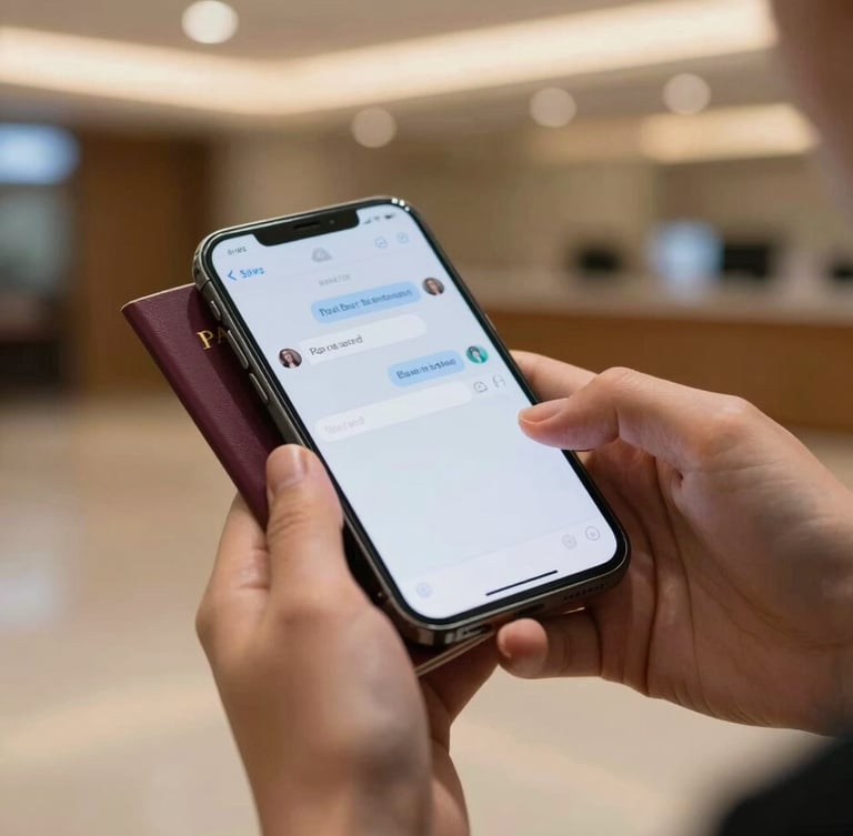 Close-up of elegant hands holding a passport and a smartphone with a clean chat screen, warm ambient lighting of a premium terminal
