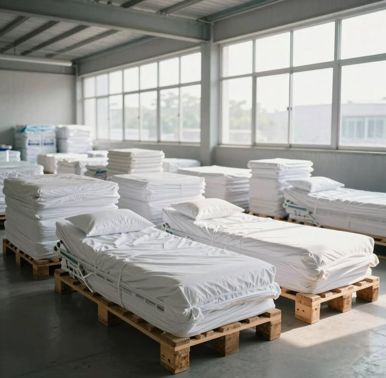 Wide environmental shot of a modern, organized logistics warehouse in Luanda, clean white hospital beds wrapped and stacked neatly on pallets, bright natural daylight streaming through high windows.