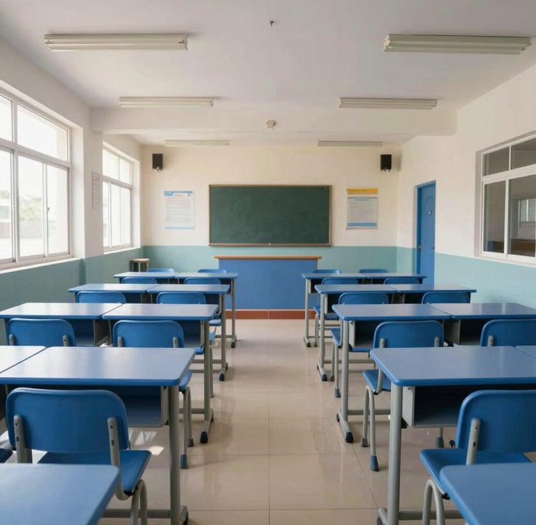Symmetrical wide shot of a newly delivered modern school classroom in Luanda, neatly arranged blue student desks and chairs, bright natural morning light, clean architectural lines.