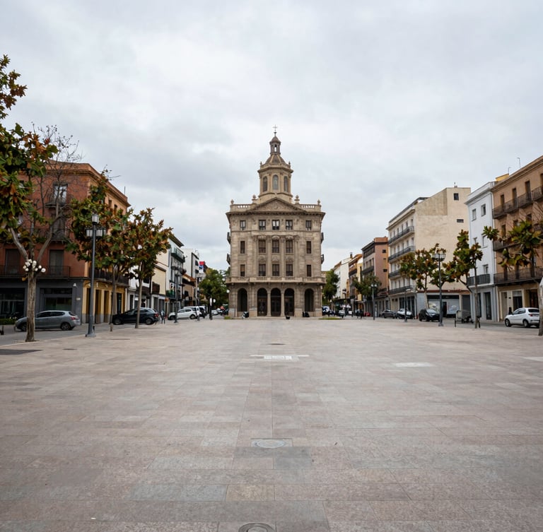 Wide-angle honest documentary photo of an empty public square in Catalonia in natural overcast daylight, 35mm lens, realistic street-level composition.
