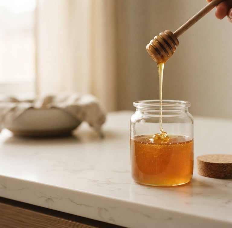 Close-up of golden raw honey pouring into a minimalist glass jar, soft morning light, shallow depth of field, on a clean off-white kitchen counter, right side of the frame, with generous negative space to the left for text.