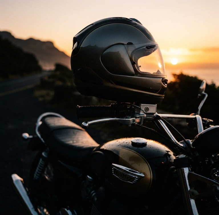 Low-angle heroic shot of a premium motorcycle helmet resting on handlebars, gleaming chrome, sunrise golden hour light, deep shadows, cinematic 35mm.