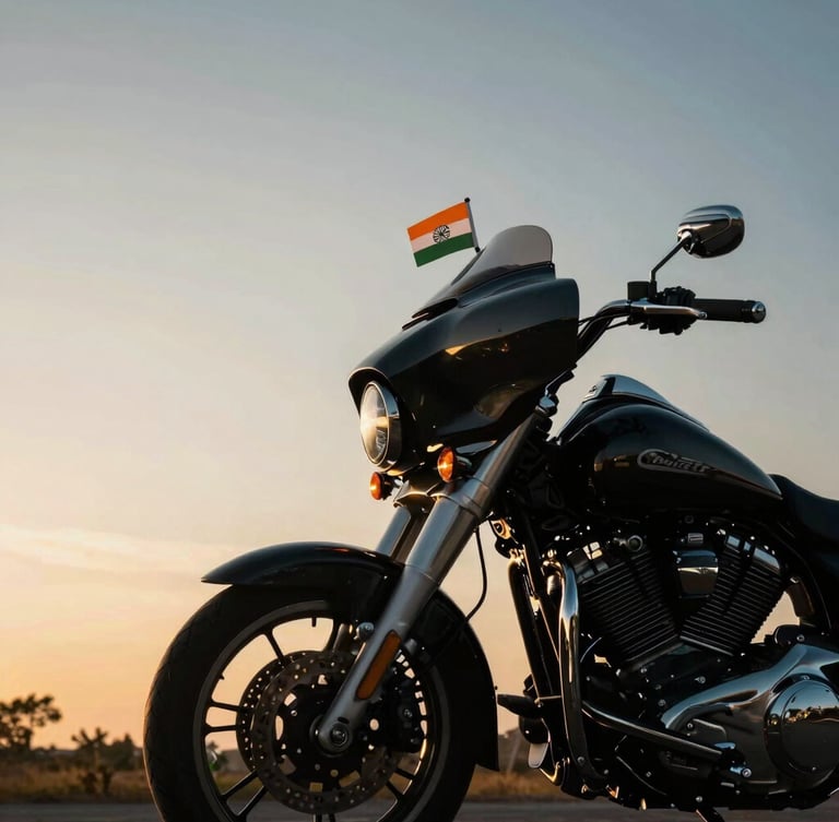 Low-angle heroic shot of a premium cruiser motorcycle with a small Indian flag securely mounted on the handlebar, gleaming in the golden hour sunrise light.