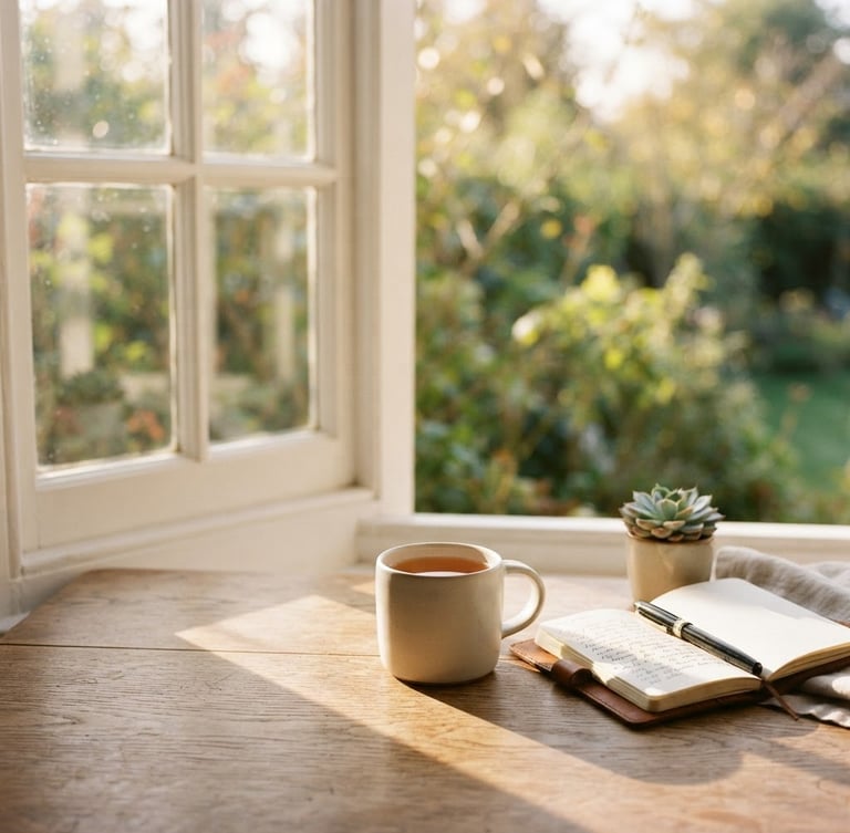 Warm editorial photography of soft morning sunlight filtering through a clean window, casting gentle shadows on a wooden surface, symbolizing clarity and hope, shallow depth of field