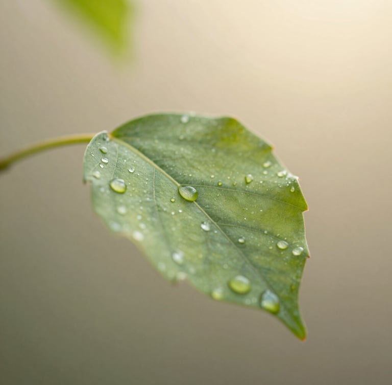 A close-up of a green leaf with dew drops in soft morning light, shallow depth of field, symbolizing clarity and fresh start