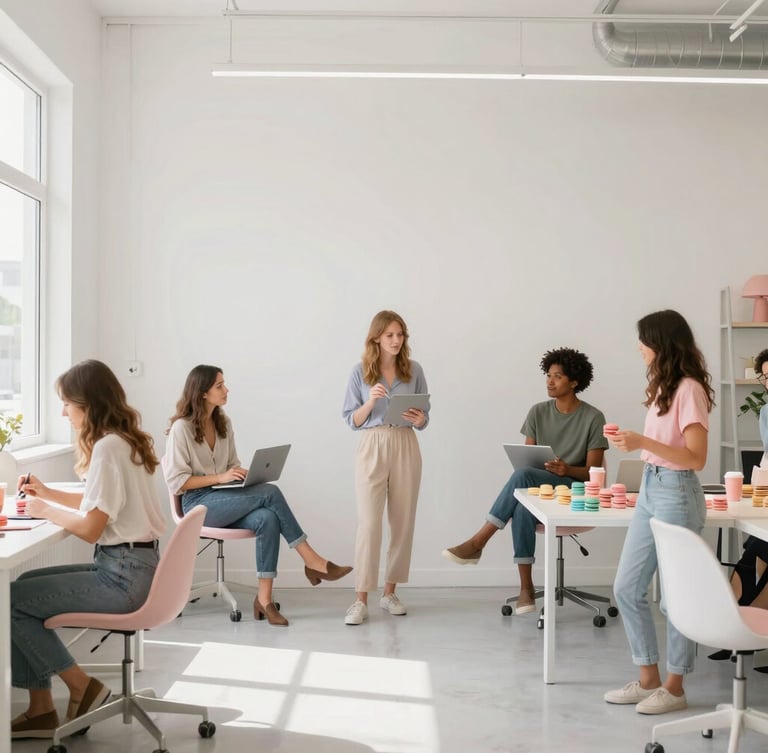 A creative team collaborating in a bright Fort Lauderdale studio, soft natural daylight, pastel accents, wide environmental shot with negative space