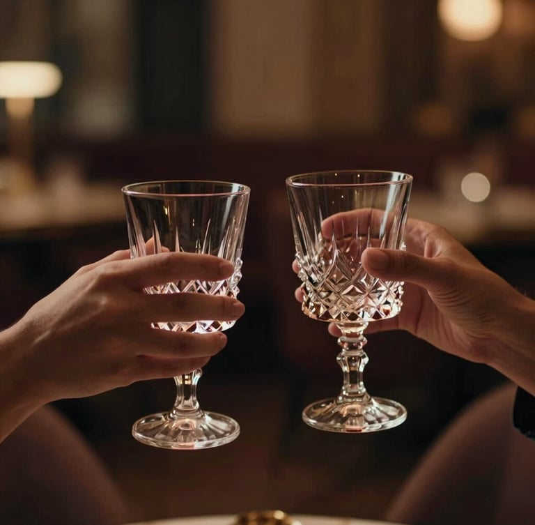 Close-up of two hands holding crystal glasses at an upscale private lounge in Jubilee Hills, warm ambient lighting, soft focus, cinematic