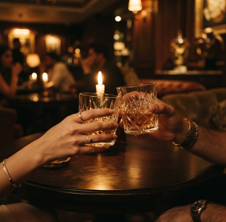 Close-up of hands holding crystal glasses in a dimly lit, luxurious lounge in Banjara Hills, warm amber candlelight, soft focus background, cinematic 35mm