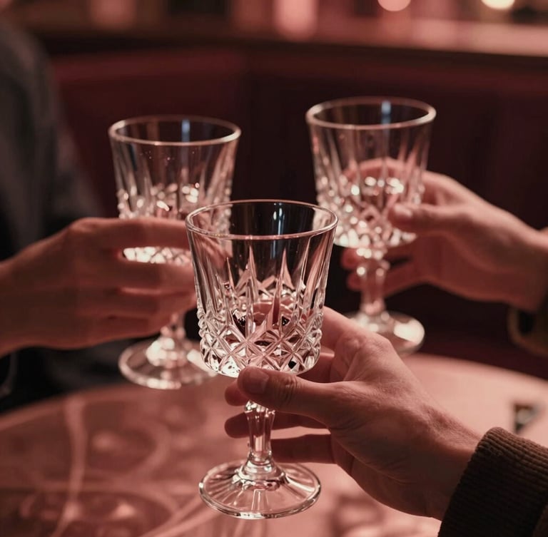 Cinematic close-up of hands holding crystal glasses in a dimly lit, luxurious lounge, soft rose-gold ambient lighting, warm shadows, shallow depth of field, 35mm