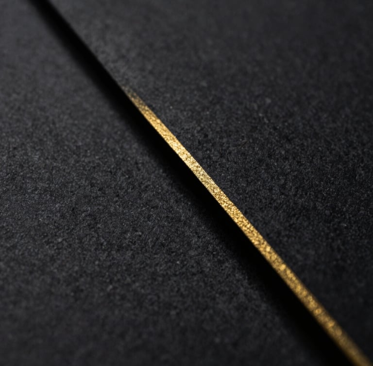 Macro close-up of heavy textured charcoal paper with a single, ultra-fine gold foil line along the edge, low-key dramatic side lighting, deep shadows