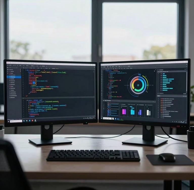 Symmetrical high-contrast shot of a modern tech workspace with dual monitors displaying clean code and system architecture diagrams, cool daylight, sharp focus