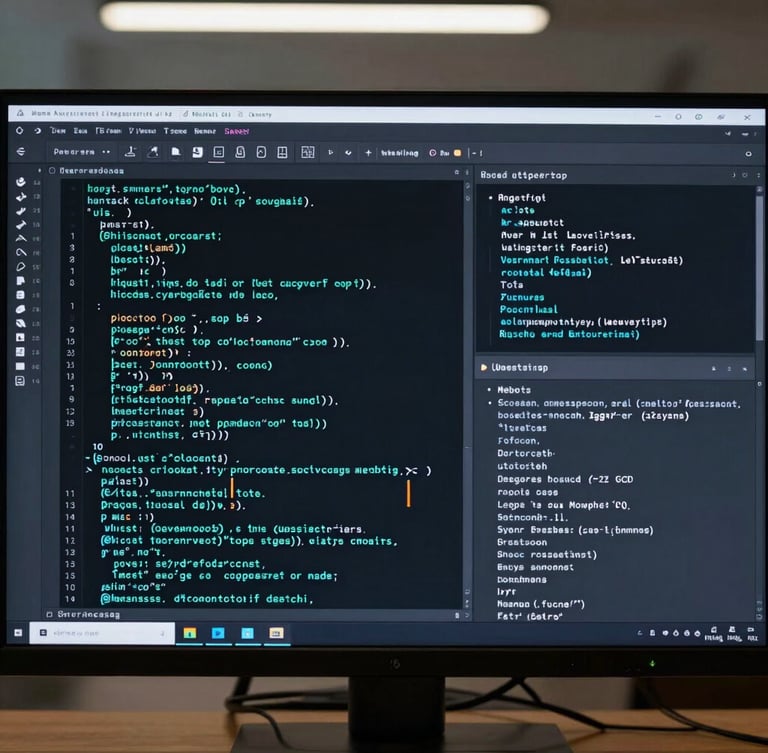 Symmetrical close-up of a modern software development interface on a dark screen, crisp teal syntax highlighting, clean workspace background with cool studio lighting.