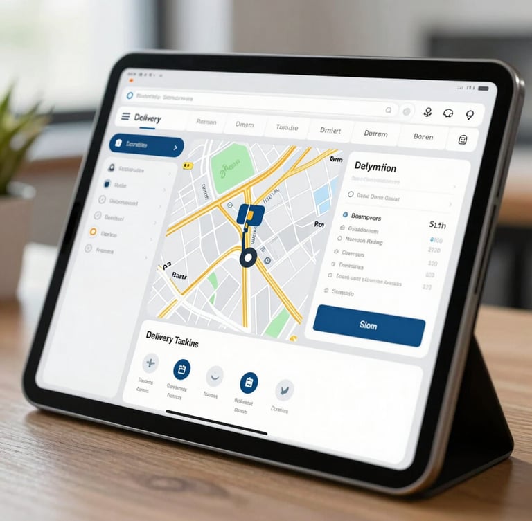 A close-up vertical shot of a tablet displaying a live delivery tracking map and logistics dashboard, clean office background, natural light.