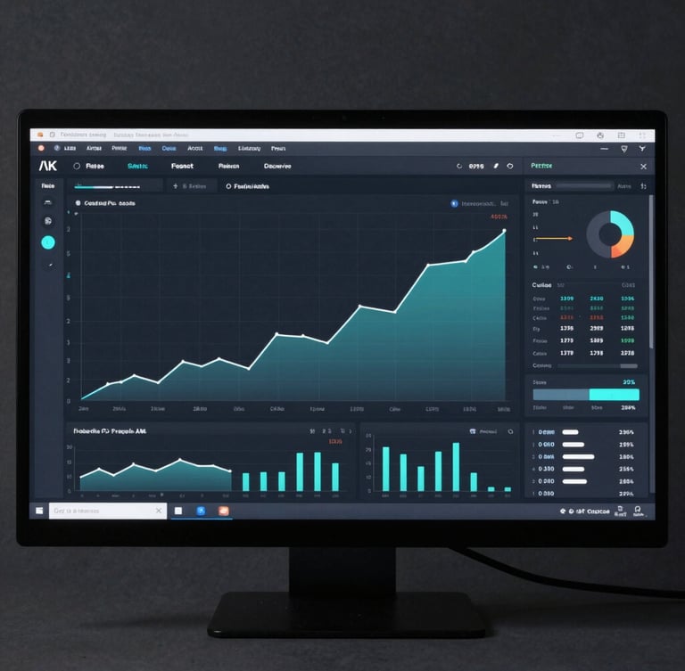 A crisp, high-contrast screenshot of a modern analytics dashboard displaying positive growth curves and conversion metrics, cool studio lighting, symmetrical composition.