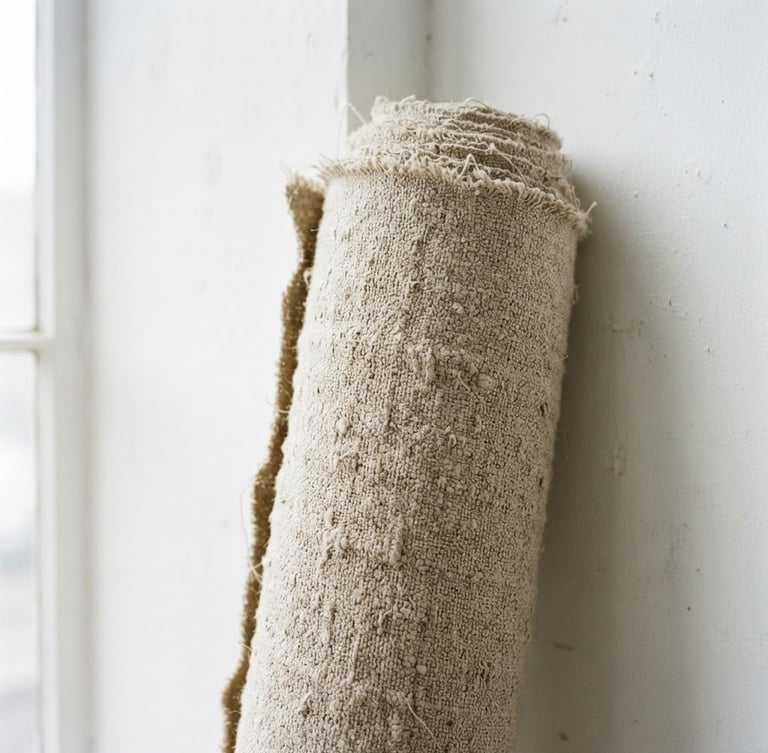 Raw material detail in the artist's studio, heavy-gauge unprimed linen canvas roll leaning against a stark white gallery wall, natural north-facing daylight, sharp focus on textile weave, 50mm
