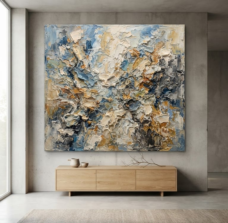 Straight-on wide-angle photo of a large abstract canvas painting with heavy impasto texture hung in a sunlit minimalist concrete living room, soft natural daylight, 50mm