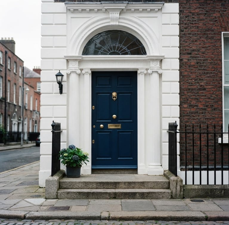 Crisp architectural portrait of a bright Dublin Georgian entrance, deep blue painted door, immaculate white plasterwork, natural Irish daylight, 35mm.