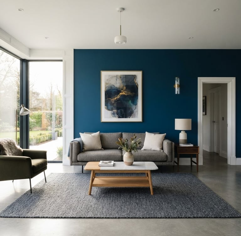 Straight-on architectural shot of a bright modern Irish living room, immaculate deep kingfisher blue feature wall, crisp white woodwork, natural daylight streaming from the left, 35mm