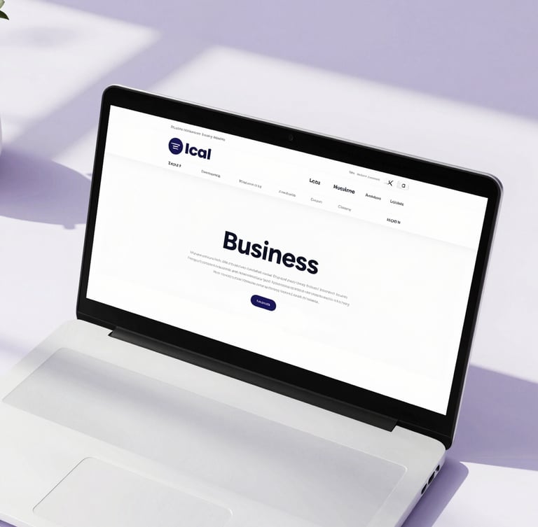 Close-up of a modern laptop screen displaying a clean, highly legible local business website, resting on a bright workspace with soft lavender shadows, natural daylight
