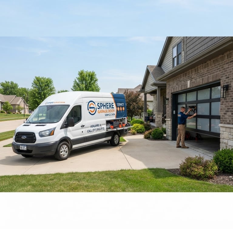 Wide panoramic shot of Sphere Garage Door's Service Crew truck parked in a residential driveway in Ashland, IL, bright natural daylight, clean industrial tones, sharp focus on the truck and a modern garage door.