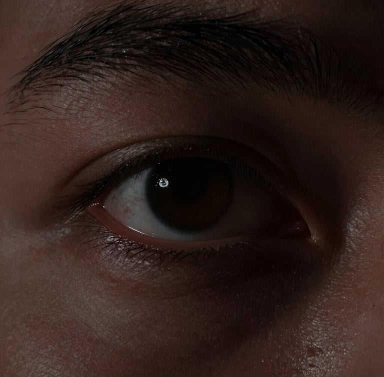 Macro close-up of a human eye in deep focus, low-key dramatic chiaroscuro lighting, single soft light source cutting through deep shadows, dark obsidian tones, cinematic 35mm