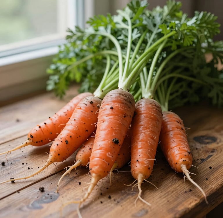 Close-up of freshly harvested heirloom carrots with soil still clinging to their roots, resting on a rustic wooden table in soft morning window light, 35mm