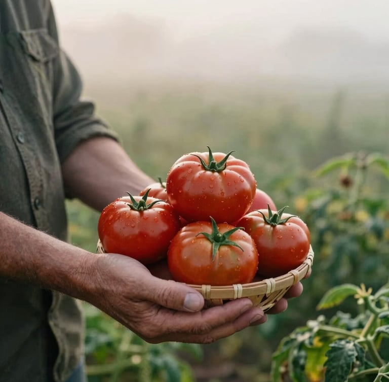 Hands of a farmer gently cradling a basket of freshly picked heirloom tomatoes in a misty field, soft diffused natural side-lighting, warm organic tones