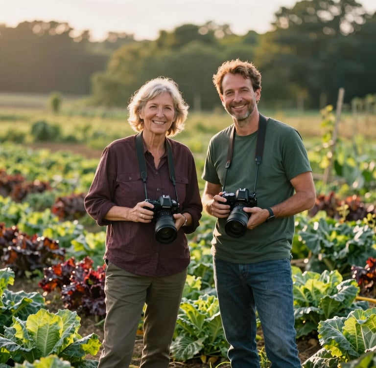 Candid portrait of two creative directors standing in a sunlit organic vegetable farm field, holding professional cameras, soft natural golden hour light, forest green tones, shallow depth of field.