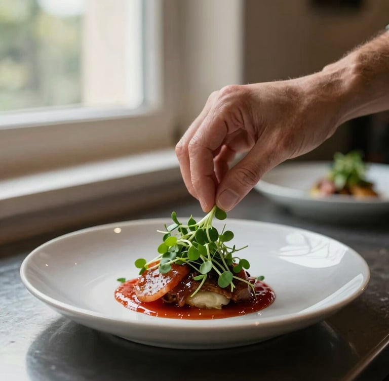 Close-up of hands plating a dish with microgreens under soft window light in a rustic restaurant kitchen, shallow depth of field, 35mm