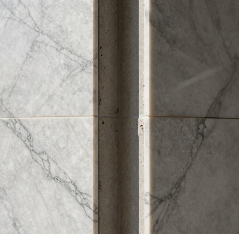 Symmetrical close-up of premium marble finishes meeting raw concrete in a luxury Rio residence, dramatic natural side lighting, extreme precision