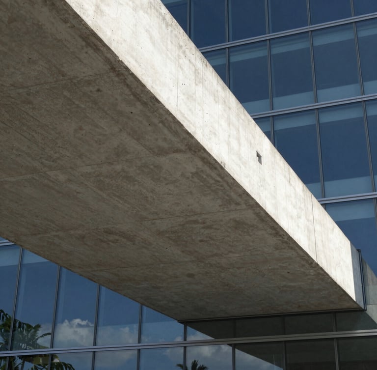 Extreme low-angle view of a dramatic concrete cantilever slab meeting a glass facade, sharp geometric shadows, bright coastal daylight