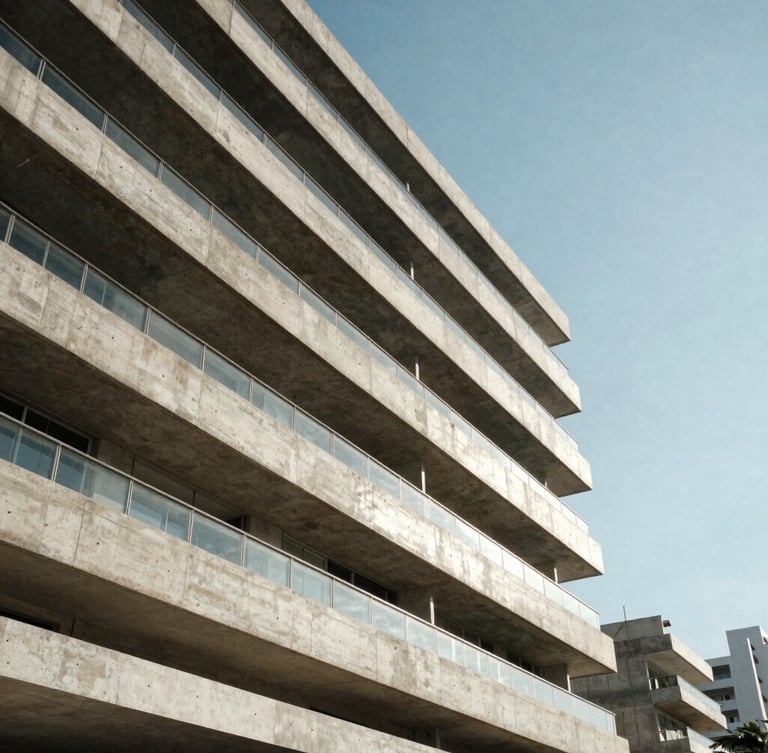 Extreme low-angle architectural perspective of a modern concrete and glass residence in Rio de Janeiro, sharp geometric shadows cast by dramatic coastal daylight, clean composition.