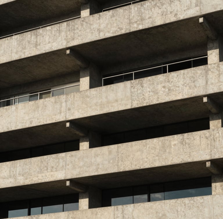 Geometric close-up of a modern concrete building facade in Rio de Janeiro, sharp shadows, dramatic natural coastal daylight, architectural lines.