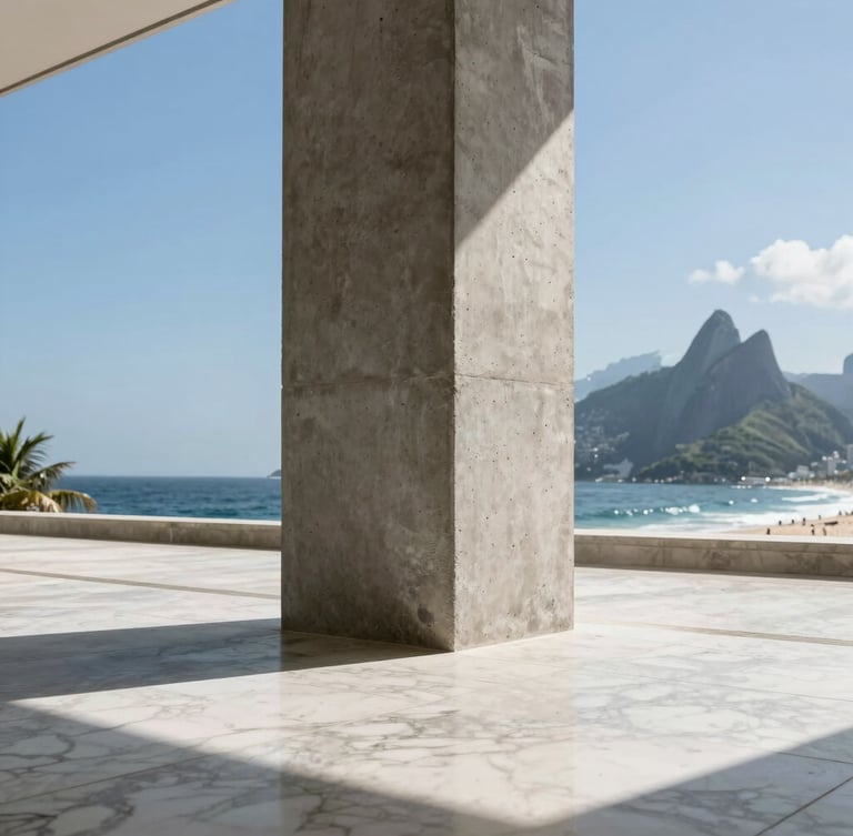 Symmetrical low-angle shot of a concrete structural column meeting a polished marble floor in a luxury Rio de Janeiro residence, sharp geometric shadows, bright coastal daylight.