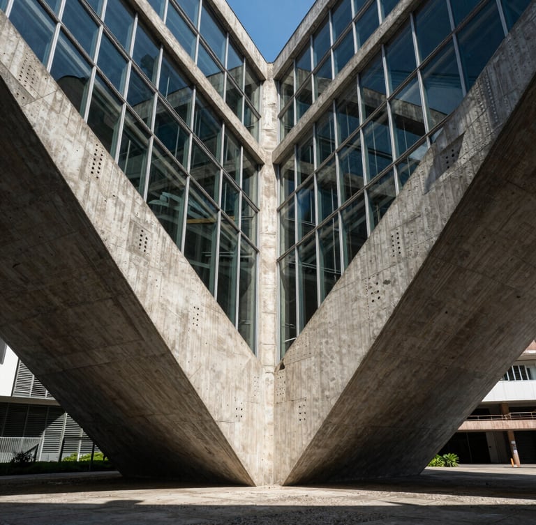 Symmetrical architectural perspective of a reinforced concrete cantilever structure meeting refined glass, sharp geometric shadows under natural Rio daylight