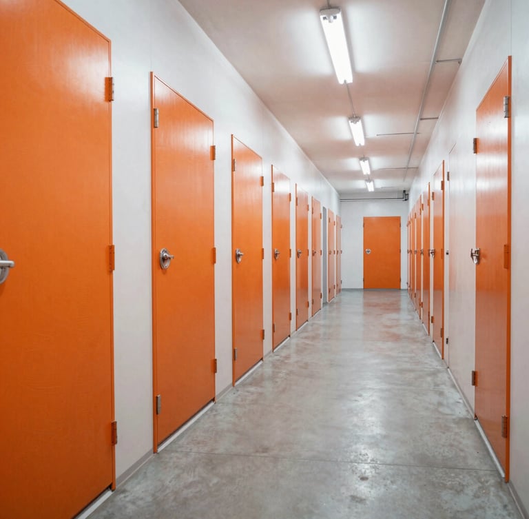 Wide-angle clean interior storage corridor with bright clinical lighting, polished concrete floors, and secure orange steel doors