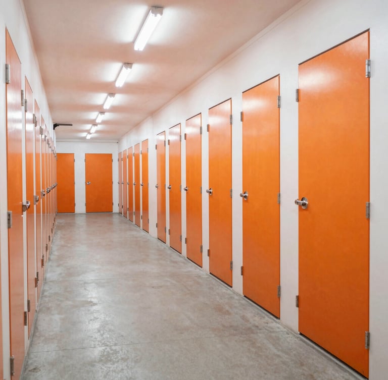 Wide-angle interior shot of a brightly-lit, clinical self-storage corridor in Al Quoz, clean concrete floor, orange unit doors, overhead LED lighting, sharp perspective.
