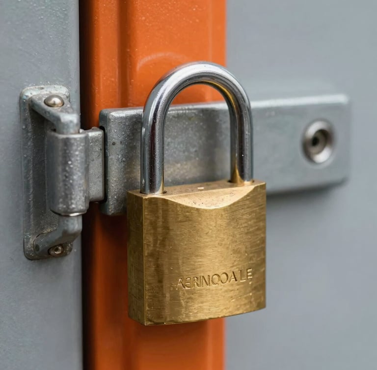 Close-up macro shot of a heavy-duty brass disc padlock securing a steel storage door latch, sharp industrial details, clinical lighting, safety orange door frame.