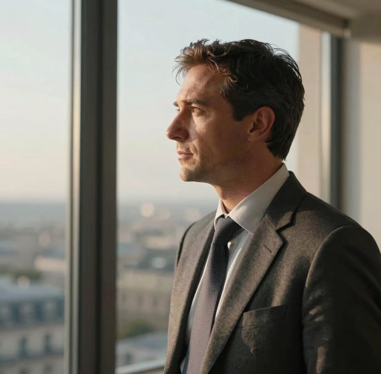 Side-lit medium close-up of a thoughtful executive looking out a high-rise window in Paris, soft natural light, warm gold undertones, professional atmosphere.