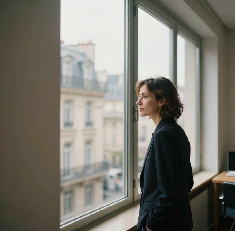Wide architectural crop, soft side-lit natural light. A professional woman looks thoughtfully out of a large window in a minimalist Paris office, candid expression, warm tones, editorial photography.