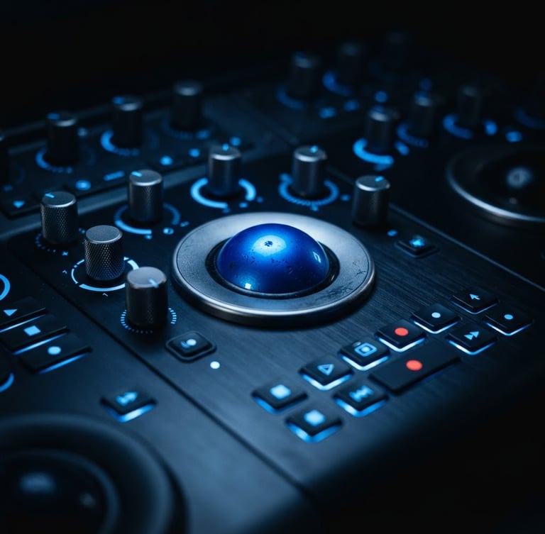 Extreme close-up of a professional color grading console in a dark studio, sharp electric blue backlighting, high-contrast, macro 35mm photography